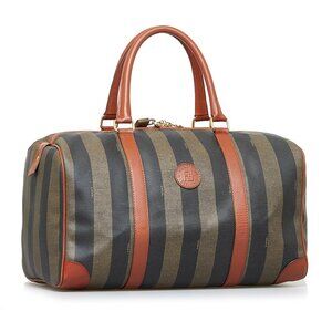 Authentic Fendi Pecan Pequin Striped Coated Canvas Boston Travel Bag